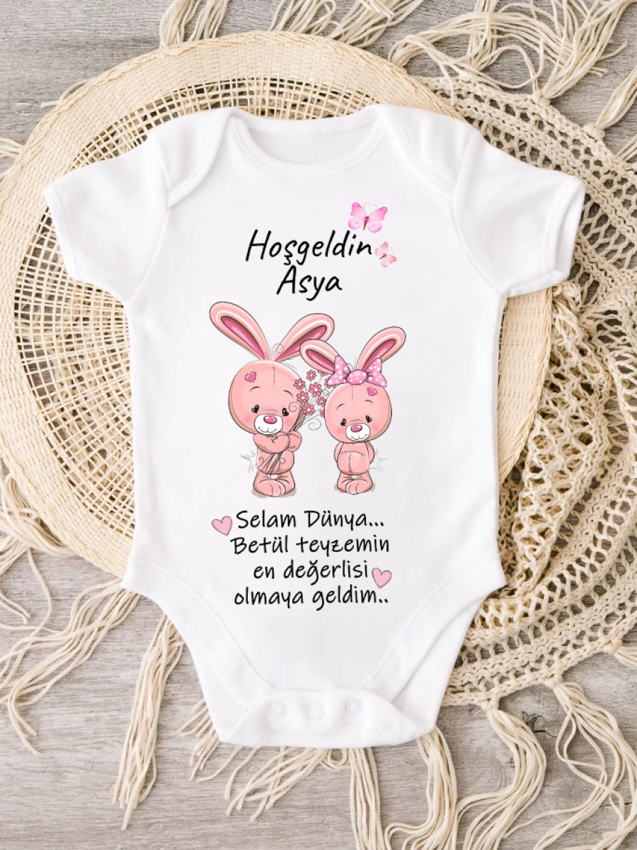 KIZ BEBEK İSME ÖZEL SELAM DÜNYA TEYZEMİN EN DEĞERLİSİ OLMAYA GELDİM TAVŞAN TEMALI BODY ZIBIN